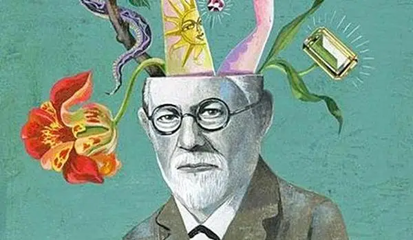 Ilustração de freud com figuras saindo de sua cabeça